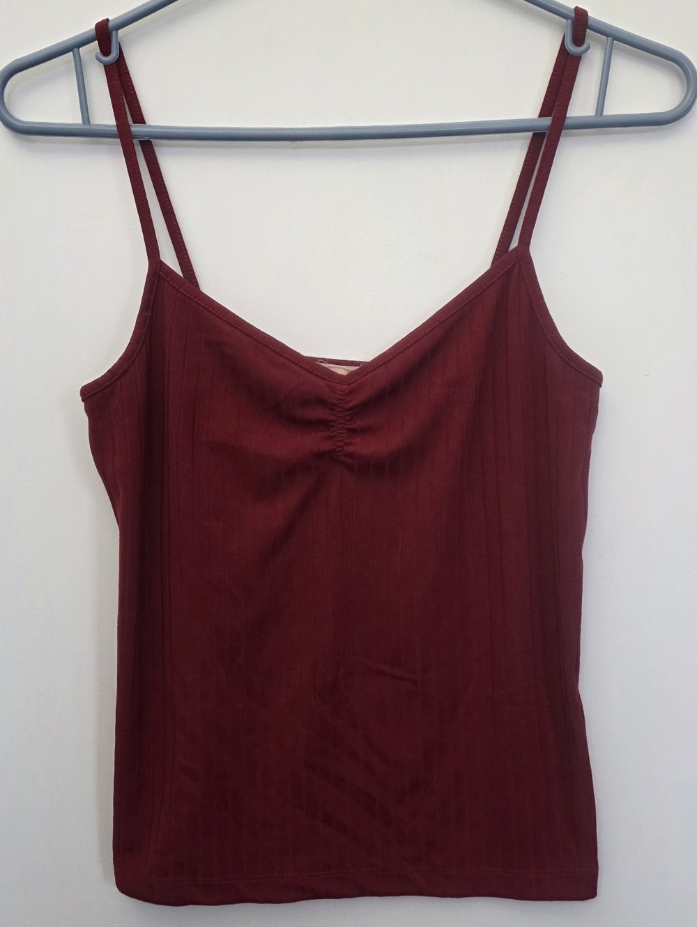 Y2K Red Ribbed Cami Tank Top – Ruched Front – Spaghetti Strap